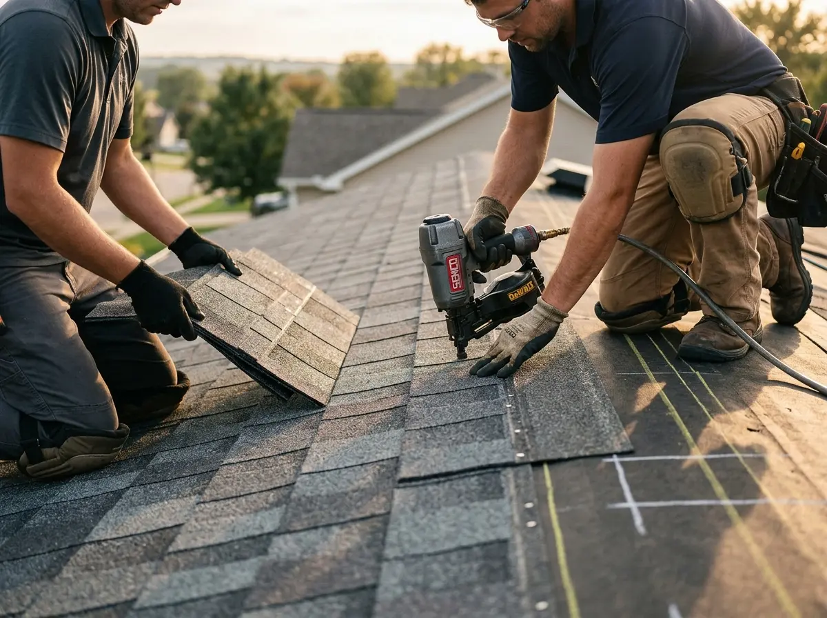 Professional roofer working on a residential roof in Coeymans